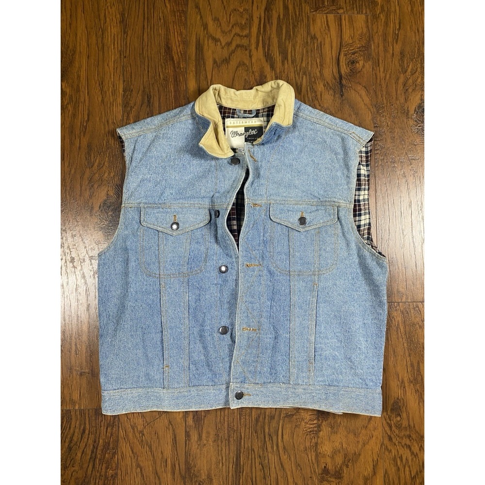 Wrangler Mens Light Wash Denim Vest Plaid Lined Leather Collar XL Trucker Jacket